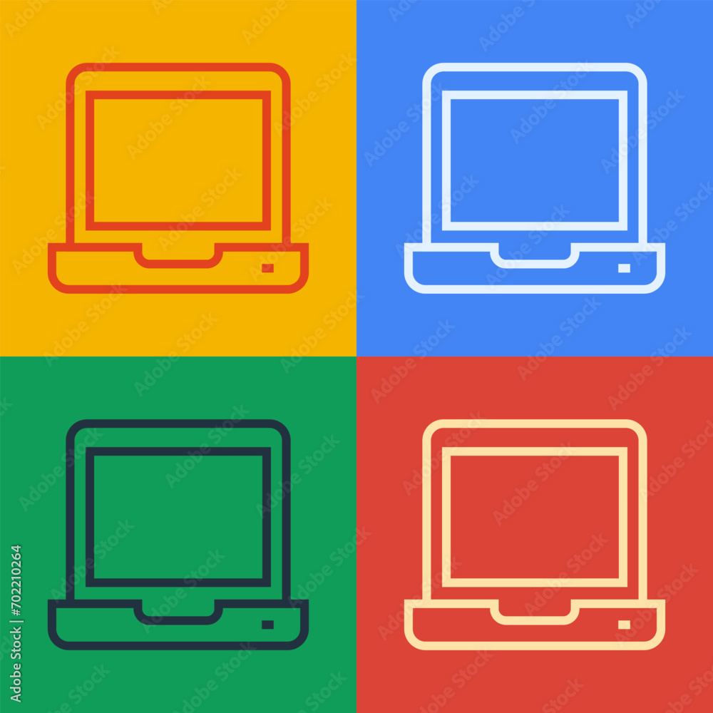 Poster pop art line laptop icon isolated on color background. computer notebook with empty screen sign. vec