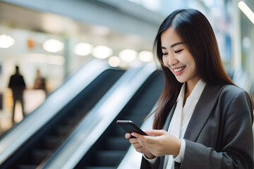 Businesswoman use smart phone in escalator at the shopping mall.