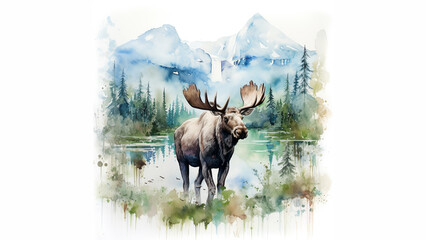 moose, mountains, double exposure, watercolor art
