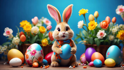 An Easter bunny with Easter eggs and colorful flowers.