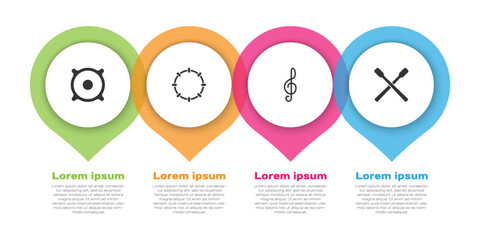 Set Stereo speaker, Tambourine, Treble clef and Drum sticks. Business infographic template. Vector