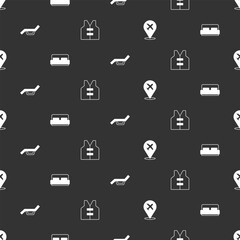 Set Plane, Hotel room bed, Sunbed and umbrella and Life jacket on seamless pattern. Vector