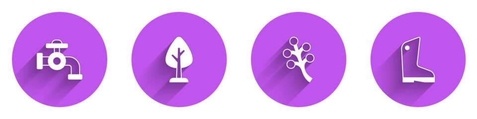 Set Water tap, Forest, Blossom tree branch and Rubber gloves icon with long shadow. Vector