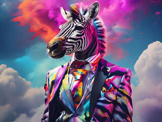 Fashionable anthropomorphic portrait of zebra a wearing colorful neon business suit.