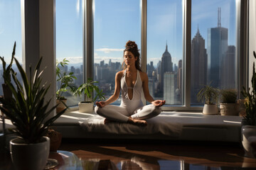Caucasian woman practicing yoga sitting in the lotus position against the background of a panoramic window with an urban view