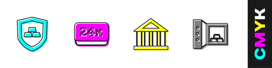 Set Gold bars with shield, 24k, Bank building and Safe gold icon. Vector