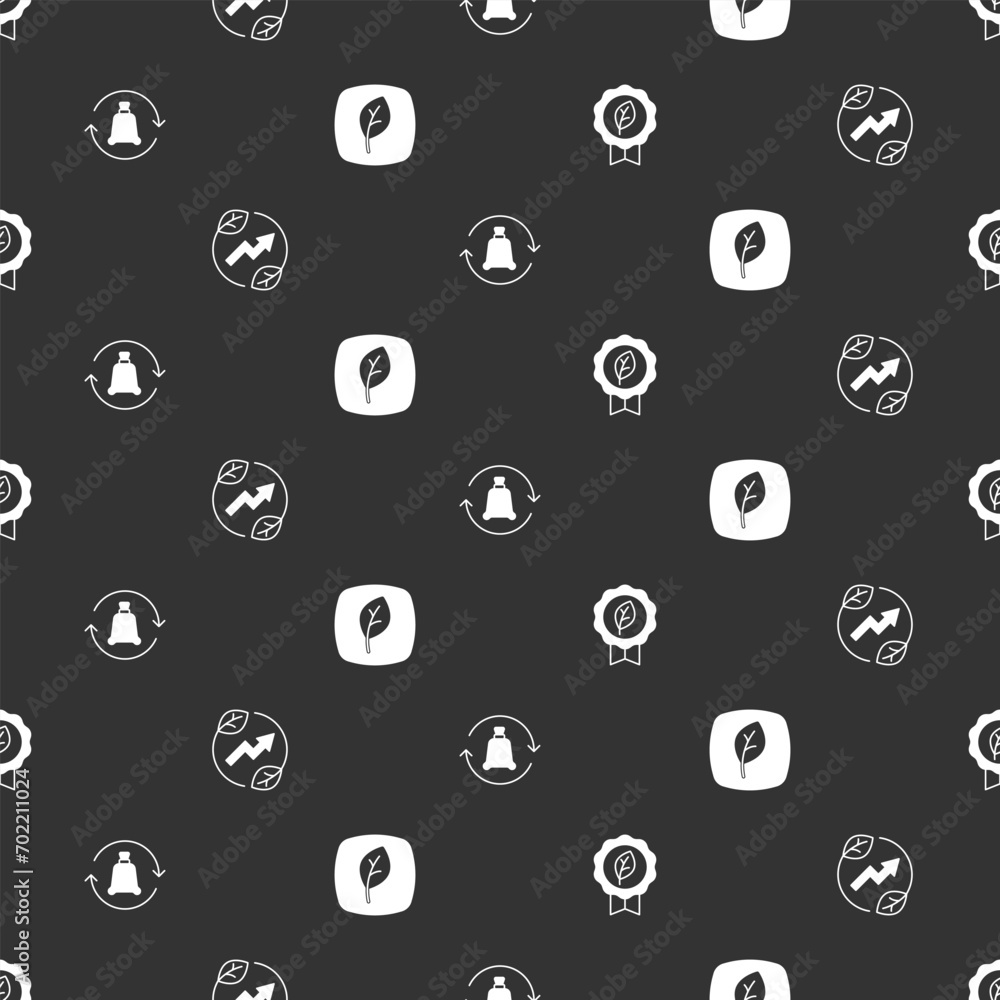 Poster set leaf eco symbol, electric saving plug in leaf, garbage bag with recycle and on seamless pattern.