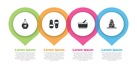Set Essential oil bottle, Sauna slippers, Mortar and pestle and Stack hot stones. Business infographic template. Vector