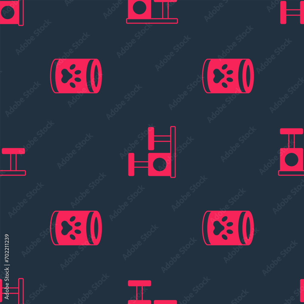 Poster set canned food and cat scratching post with toy on seamless pattern. vector
