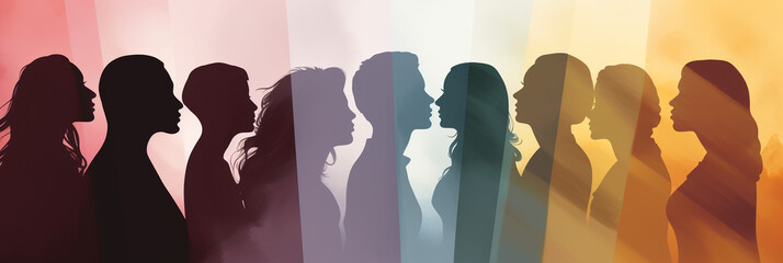 Harmony of Silhouettes: Captivating Group of Men and Women in Soft Color Palette Style, Featuring...