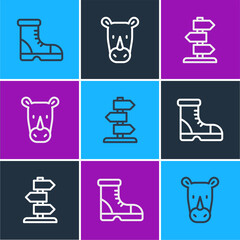Set line Hunter boots, Road traffic sign and Rhinoceros icon. Vector