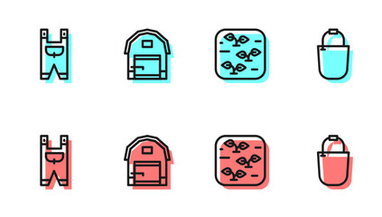 Set line Plant, Garden worker clothes, Farm house and Bucket icon. Vector