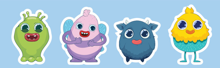 Set of vector illustrations. Collection of bright and cute monsters isolated on a white background. Suitable for children's products and advertising, comics, education.