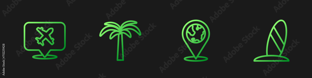 Poster set line location on the globe, speech bubble with airplane, tropical palm tree and surfboard. gradi