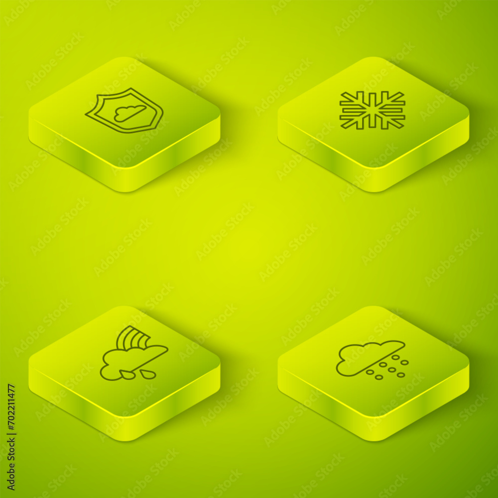 Poster set isometric line snowflake, rainbow with cloud and rain, cloud and weather forecast icon. vector