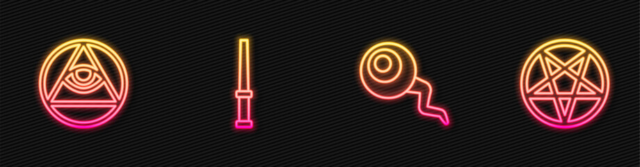 Set line Eye, Masons, Magic wand and Pentagram in circle. Glowing neon icon. Vector