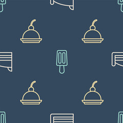 Set line Piece of cake, Cherry cheesecake and Ice cream on seamless pattern. Vector