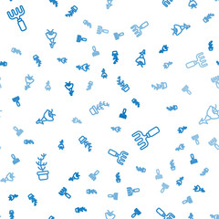 Set line Exotic tropical plant in pot, Garden rake and Flower on seamless pattern. Vector