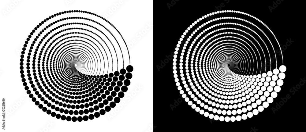 Poster Abstract background with halftone dots in circle. Art design circle as logo or icon. A black figure on a white background and an equally white figure on the black side.