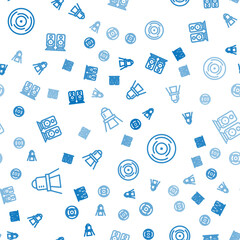 Set line Movie spotlight, Vinyl disk and Stereo speaker on seamless pattern. Vector