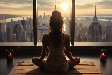 Back view of african woman practicing yoga sitting in the lotus position against the background of a panoramic window with an urban view - obrazy, fototapety, plakaty
