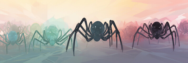Arachnid Elegance: A Group of Spider Silhouettes in Varied Colors, Soft Color Palette Style, Distinctive Noses, Layered Collage, Shaped Canvas, Transparent/Semi-Transparent Medium, Poster. Captivating - obrazy, fototapety, plakaty