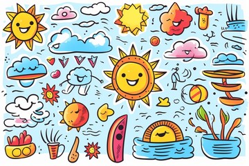 Cartoon cute doodles of summer elements like seashells and beach bags in a charming and endearing style, forming a seamless backdrop, Generative AI