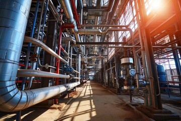 Modern industrial building with pipes, heat exchangers and valves.