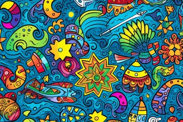 Cartoon cute doodles of suns, beach balls, and flip-flops in a playful and vibrant summer pattern, Generative AI
