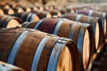 Wooden oak wine barrels stacked in a row