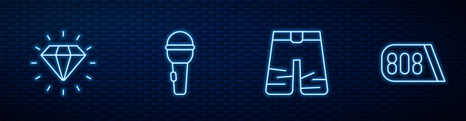 Set line Wide pants, Diamond, Microphone and Drum machine music. Glowing neon icon on brick wall. Vector