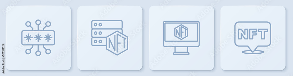 Poster set line cyber security, monitor with art store app, nft blockchain technology and digital crypto. w