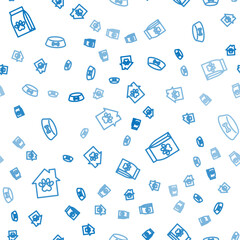 Set line Pet house, Bag of food for pet and bowl cat dog on seamless pattern. Vector