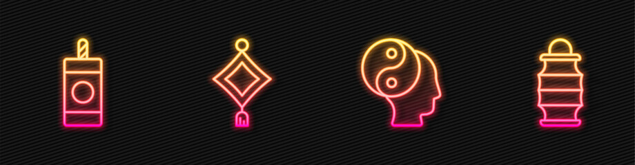 Set line Yin Yang symbol, Firework, Chinese paper lantern and . Glowing neon icon. Vector