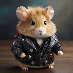 Charming anthropomorphic hamster in a stylish and fashionable leather jacket - obrazy, fototapety, plakaty