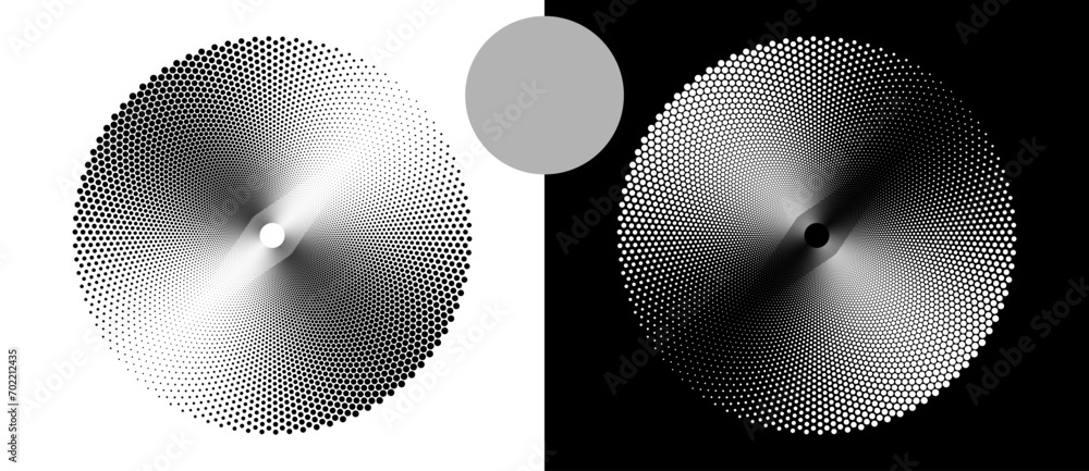 Poster Abstract background with halftone dots in circle. Art design circle as logo or icon. A black figure on a white background and an equally white figure on the black side.