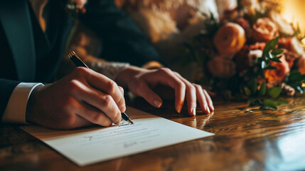 Couple sign wedding certificate, marriage registration and document paper for legal union. Closeup bride, groom and hands writing contract for celebration of love, commitment and agreement together - obrazy, fototapety, plakaty