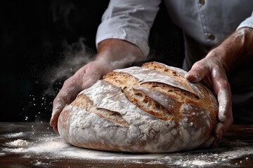 Baker is making in oven fresh sourdough bread with mess of flour on table. Generative Ai.