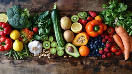 Fresh fruits and vegetables on wooden background. Healthy food concept. Top view