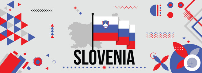 Slovenia national or independence day banner for country celebration. Flag and map of Slovenia with raised fists. Modern retro design with typorgaphy abstract geometric icons. Vector illustration.