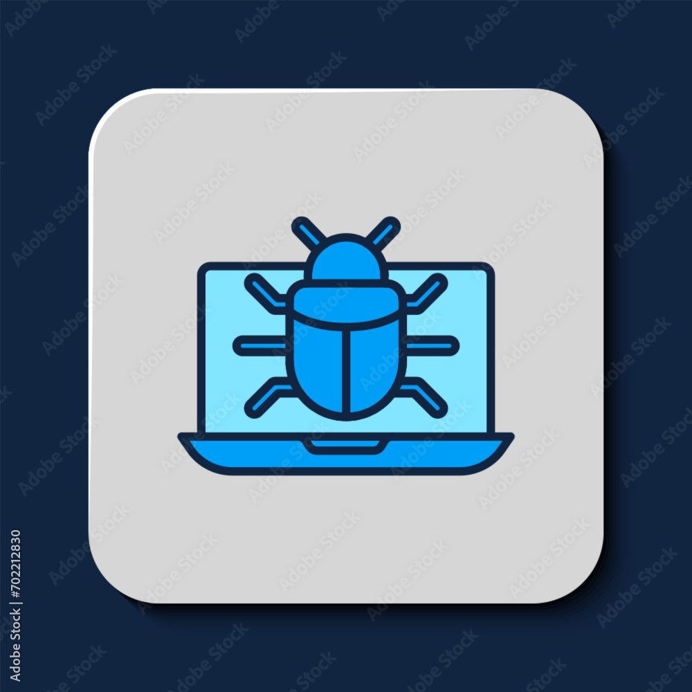 Sticker Filled outline System bug on monitor icon isolated on blue background. Code bug concept. Bug in the system. Bug searching.  Vector