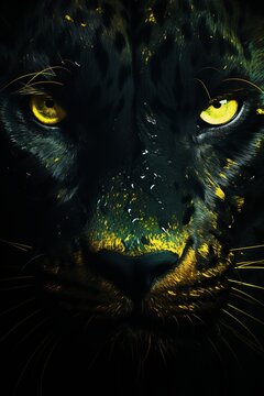 Abstract Panther close-up in yellow Neon lighting, green eyes, 3D, Banner, Album design, notebooks, smartphone background