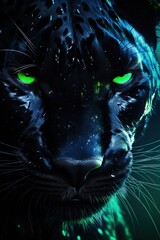 Abstract Panther close-up in blue Neon lighting, green eyes, 3D, Banner, Album design, notebooks, smartphone background