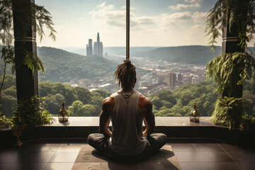 Back view of african man practicing yoga sitting in the lotus position against the background of a panoramic window with an urban view - obrazy, fototapety, plakaty