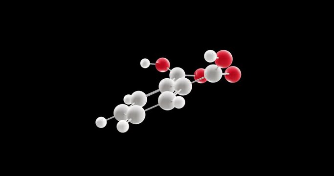Phthalic acid molecule, rotating 3D model of aromatic dicarboxylic acid, looped video on a black background