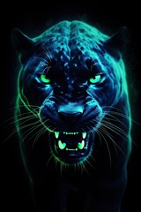 Abstract Panther close-up in blue Neon lighting, green eyes, 3D, Banner, Album design, notebooks, smartphone background
