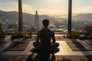 Back view of african man practicing yoga sitting in the lotus position against the background of a panoramic window with an urban view