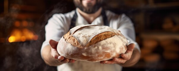 Baker is making in oven fresh sourdough bread with mess of flour, food panorama. Generative Ai.