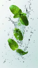 Green fresh mint leaves flying, levitating in splashes of water. Freshness and aroma of herbs