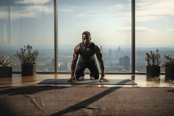 Sporty man doing morning exercise, standing in plank position or making push-ups against the background of panoramic windows - obrazy, fototapety, plakaty